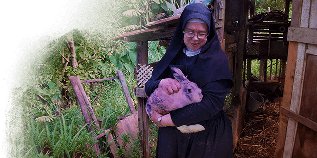 Sister Michael holds rescued rabbit, Kinship Circle